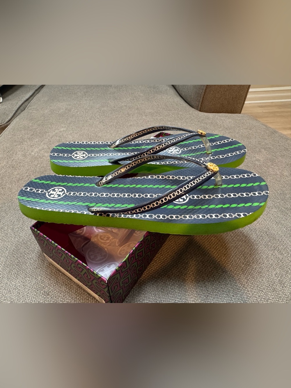 Tory Burch Navy & Green Logo Strap Flip Flops with Gold Hardware - Picture 3 of 6